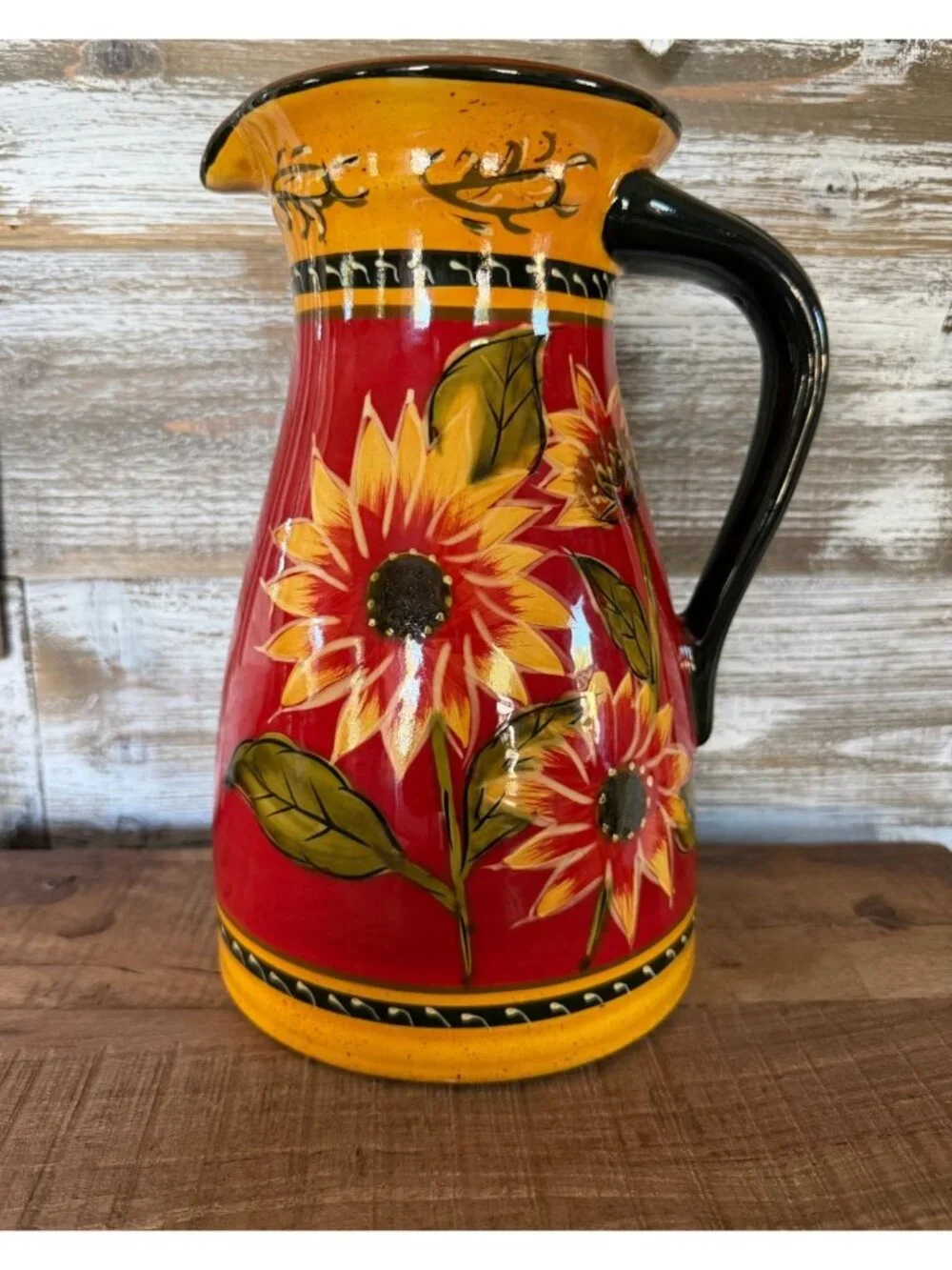 Pier 1 Hand Painted Terra Cotta Sunflower Pitcher Vase 72 Oz  9.5” Tall